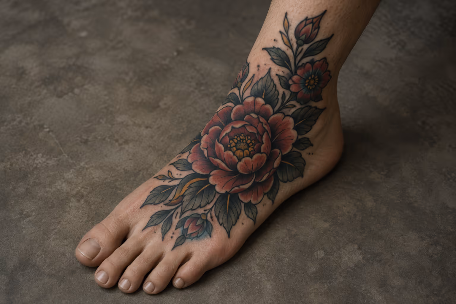 A floral tattoo covers the top of a person's foot and extends toward the ankle on a stone floor.