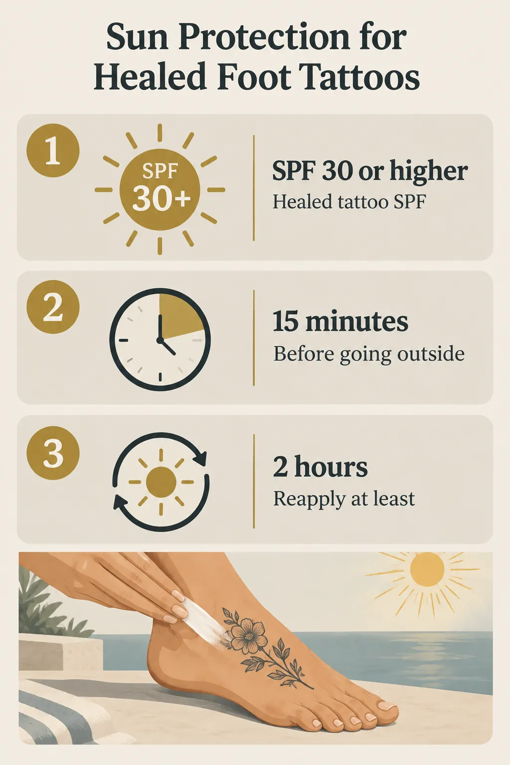 For healed foot tattoos, use SPF 30 or higher, apply it 15 minutes before going outside, and reapply at least every 2 hours.