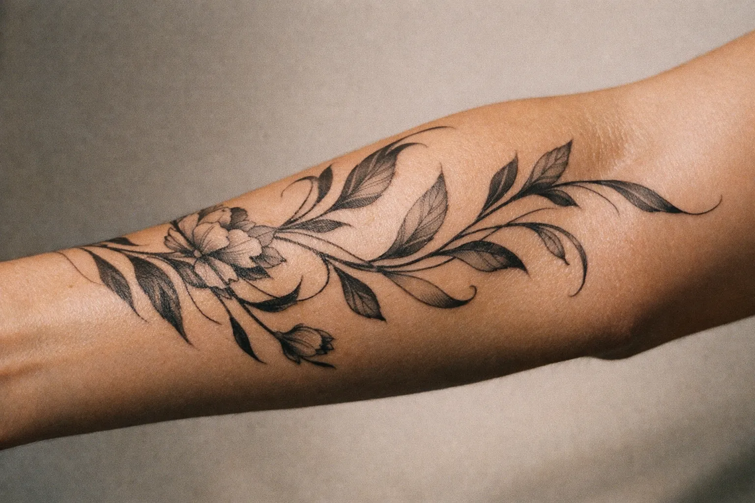 Forearm with a wrapping botanical sleeve that follows the arm's contour