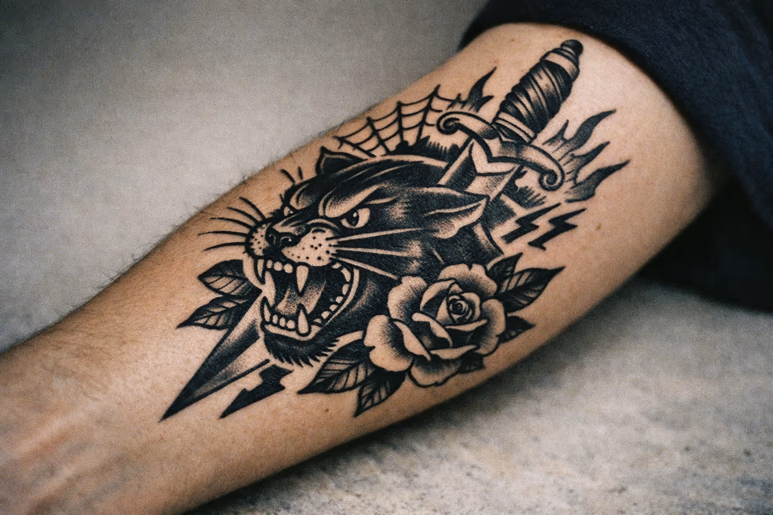 Editorial close-up of forearm tattoo highlighting linework and shading