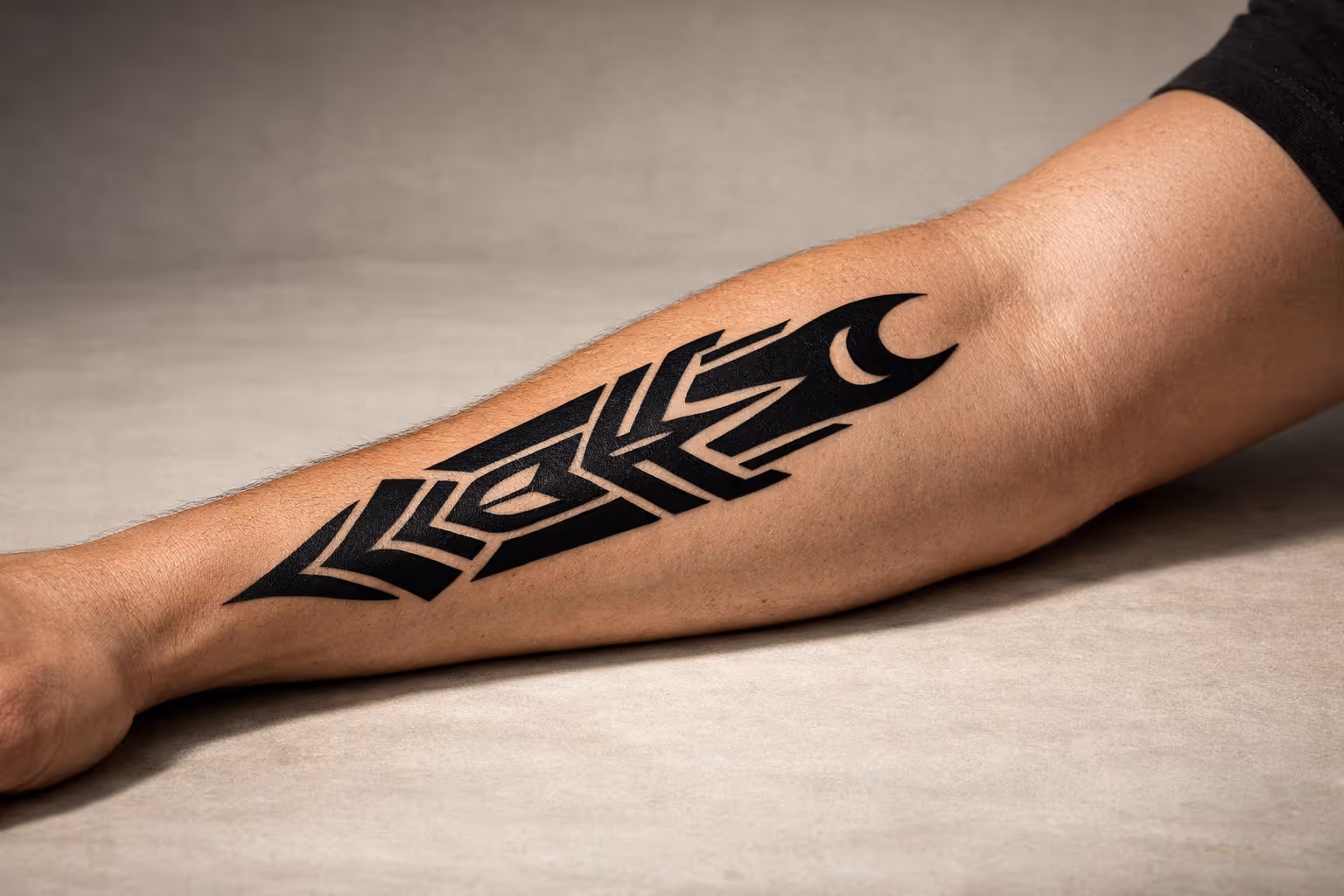 A forearm with a bold black geometric tattoo design resting on a neutral surface.