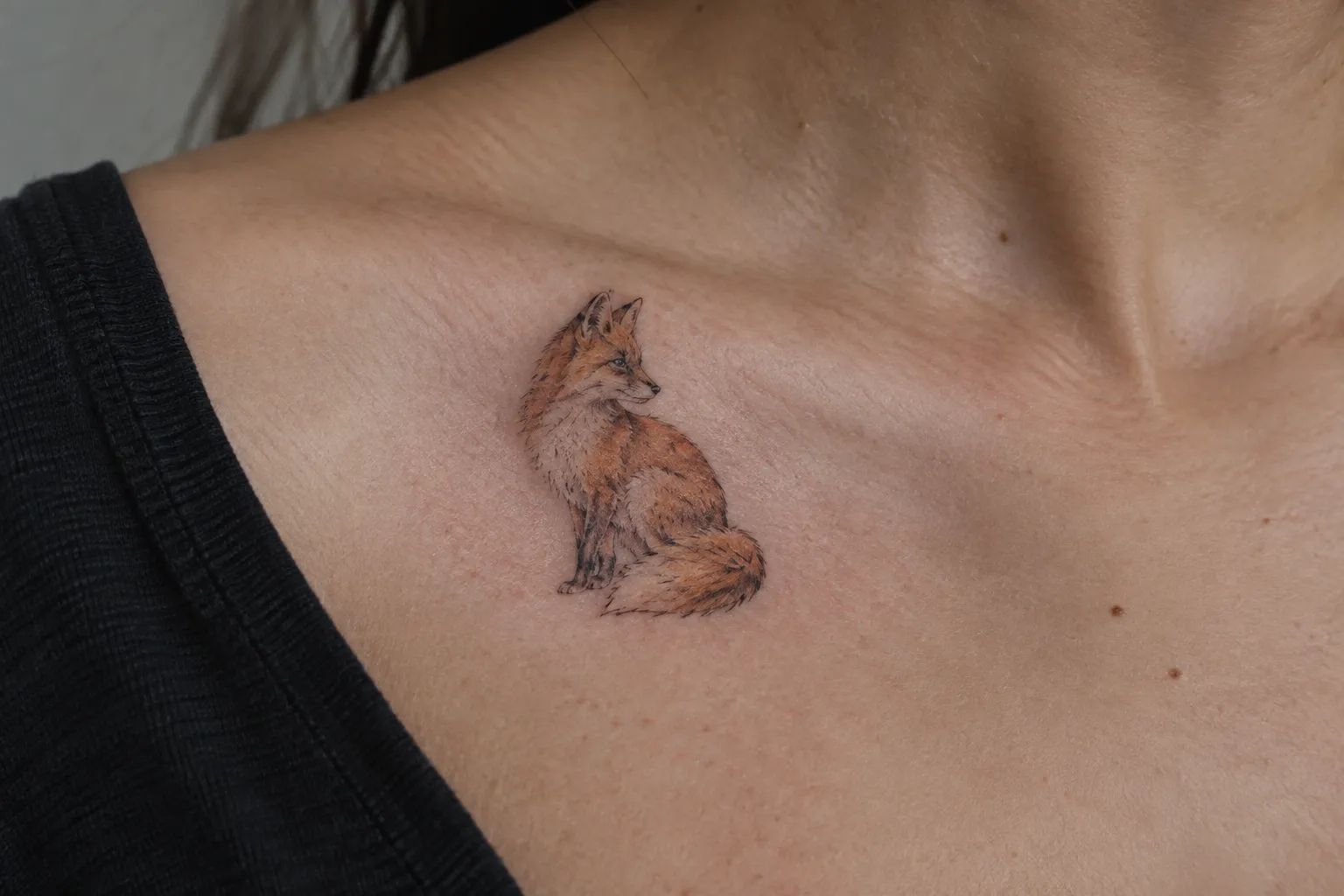 A small fox tattoo sits on a person's upper chest.