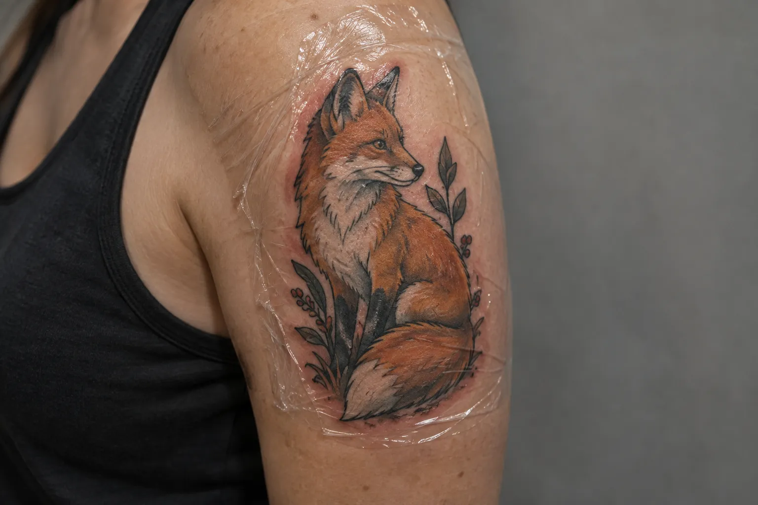 A fresh fox tattoo covered with clear film sits on a person's upper arm in a tattoo studio.