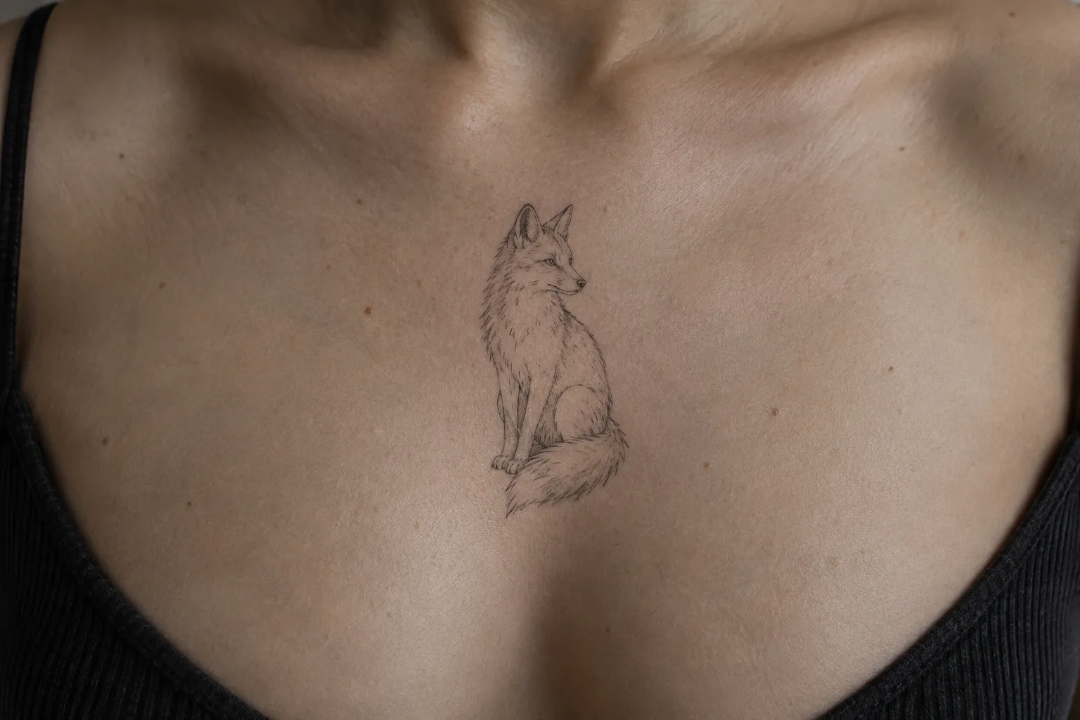 A fine-line fox tattoo sits at the center of a person's upper chest.