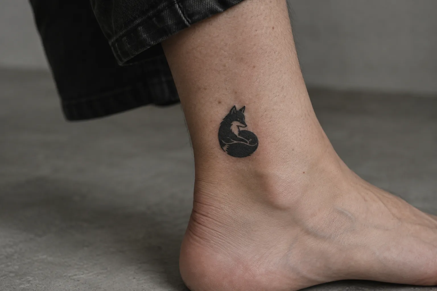 A small black fox tattoo sits on the inner ankle above a bare foot.