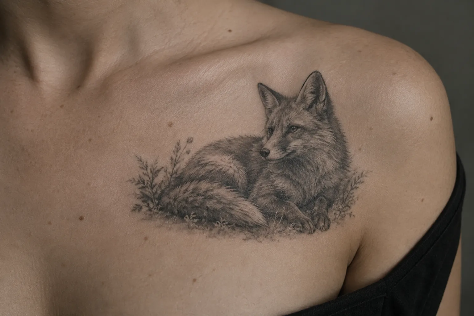 A black-and-grey realistic fox lying among grasses is tattooed below a person's collarbone.