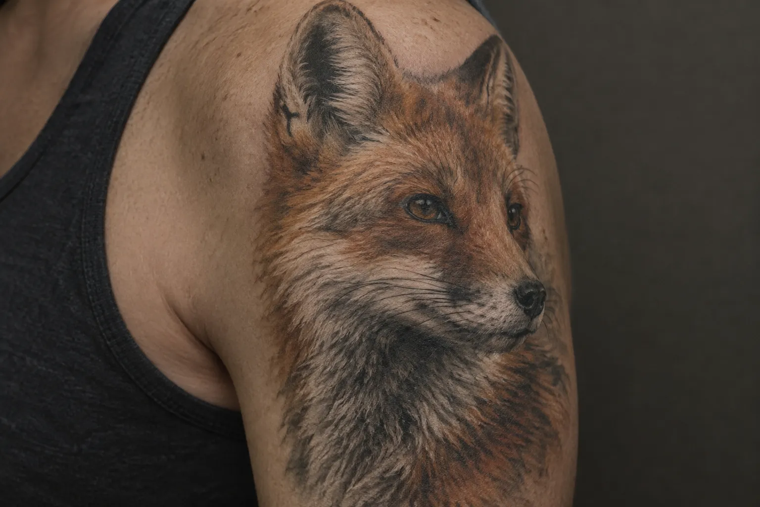 A detailed fox tattoo covers a person's shoulder and upper arm.