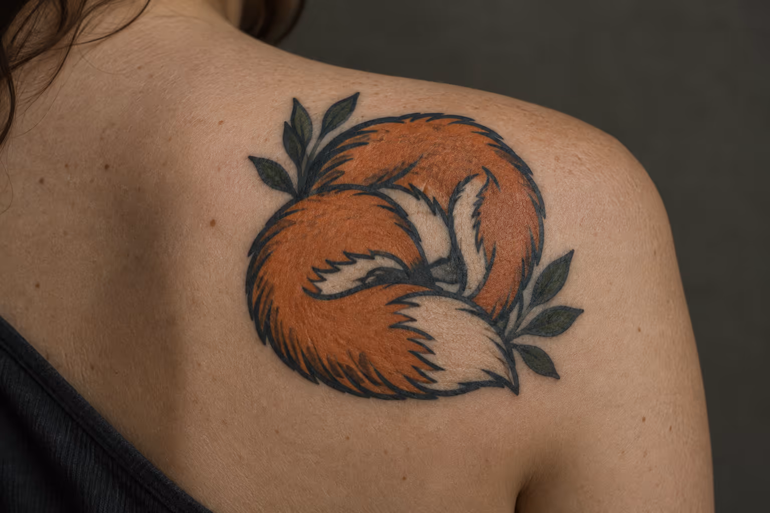 A curled orange fox tattoo with leaves on a person's shoulder.