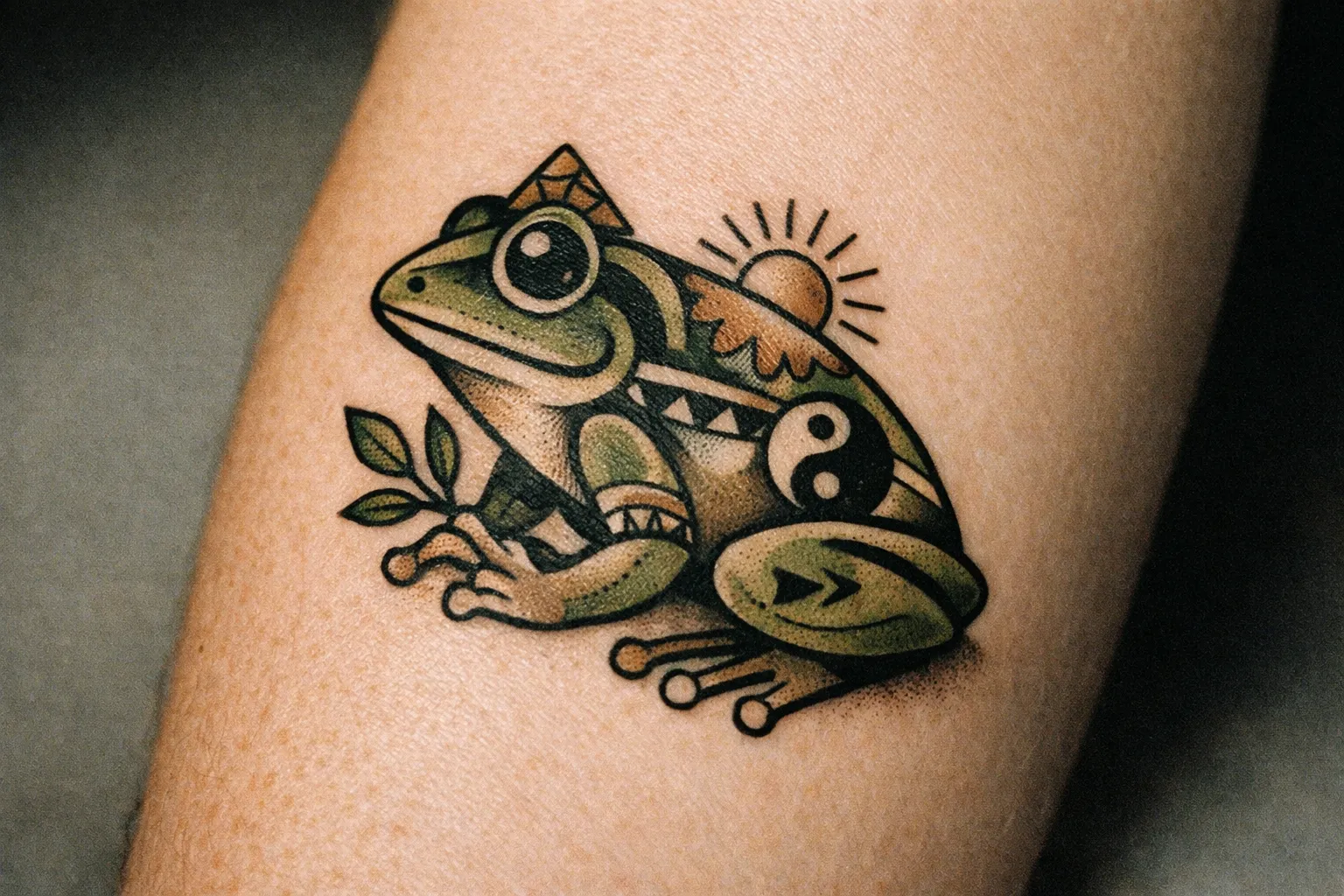 Close-up of a forearm with a frog tattoo in a symbolic, minimalist design showing linework and shading