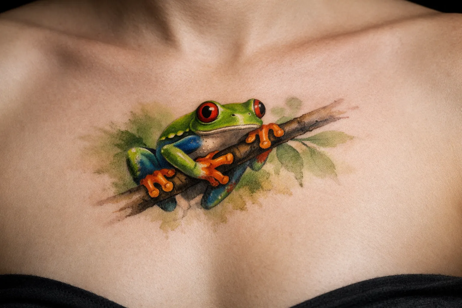A colorful frog tattoo is inked across a person's upper chest.