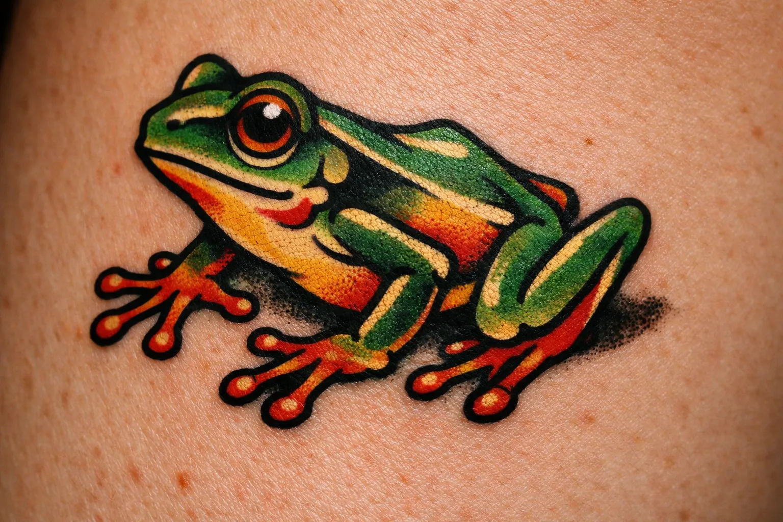 A colorful frog tattoo is inked on a person's skin.