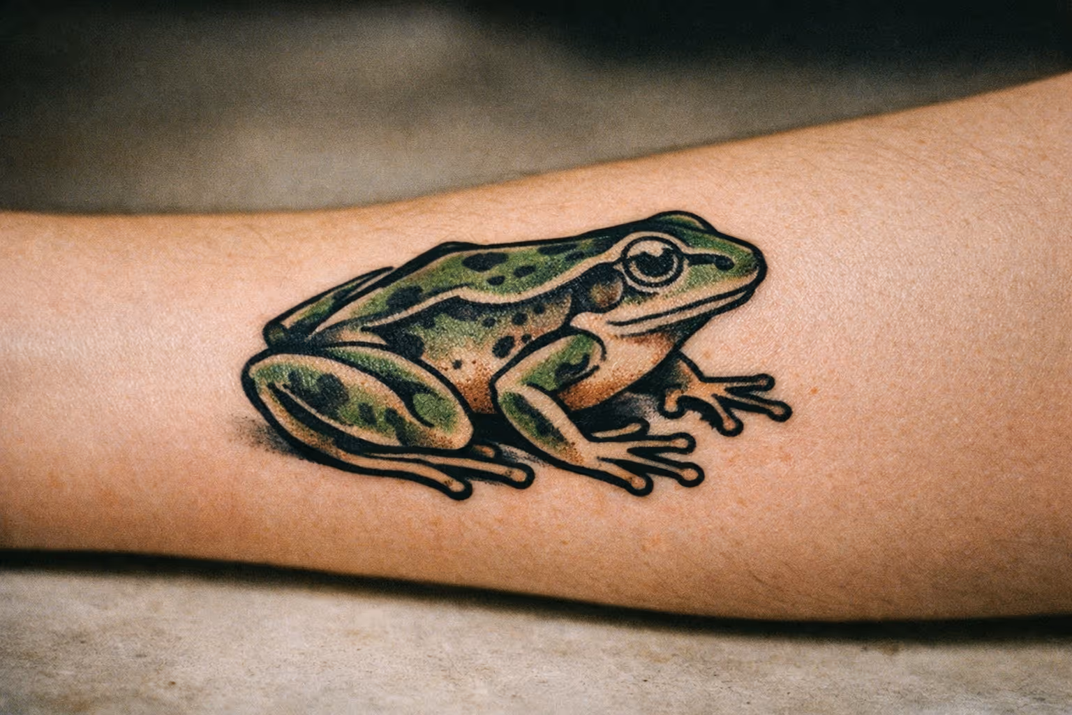 Hero close-up of a forearm with a frog tattoo, editorial lighting highlighting linework and ink depth