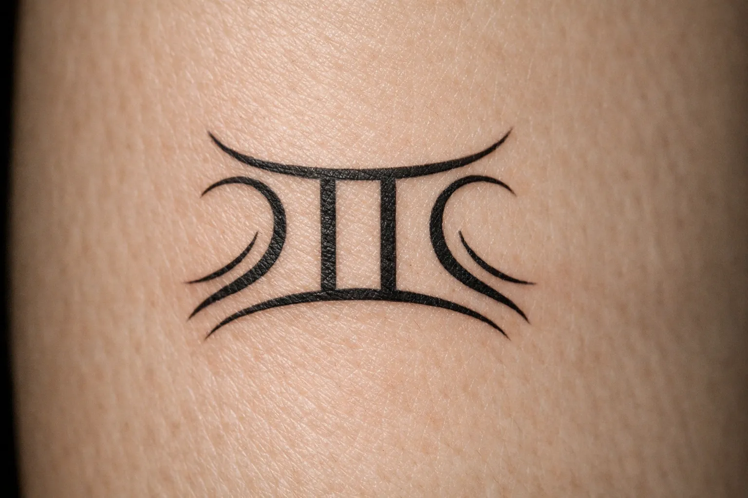 A Gemini zodiac symbol tattoo is inked on light skin.