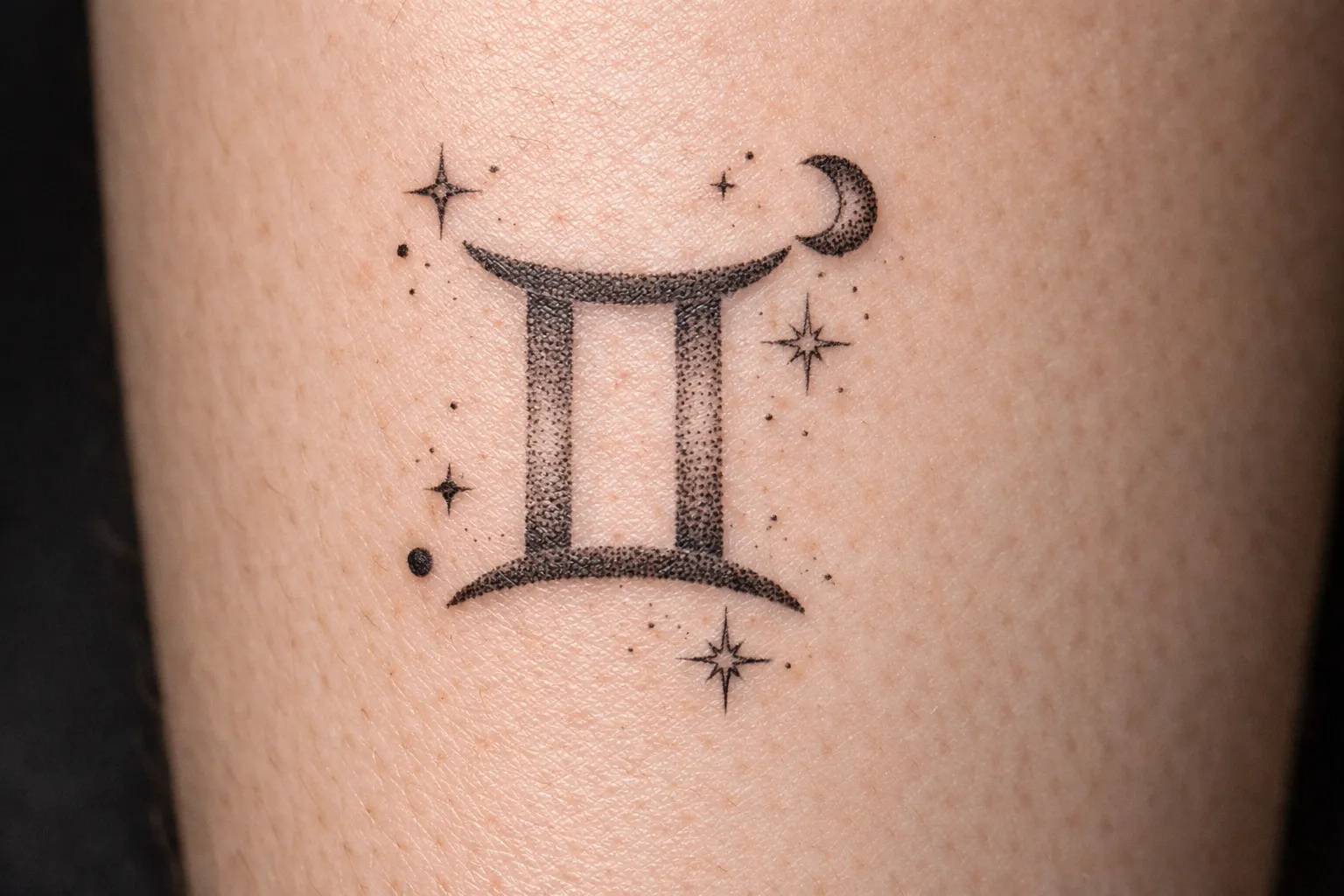A Gemini zodiac symbol tattoo with stars and a crescent moon on light skin.