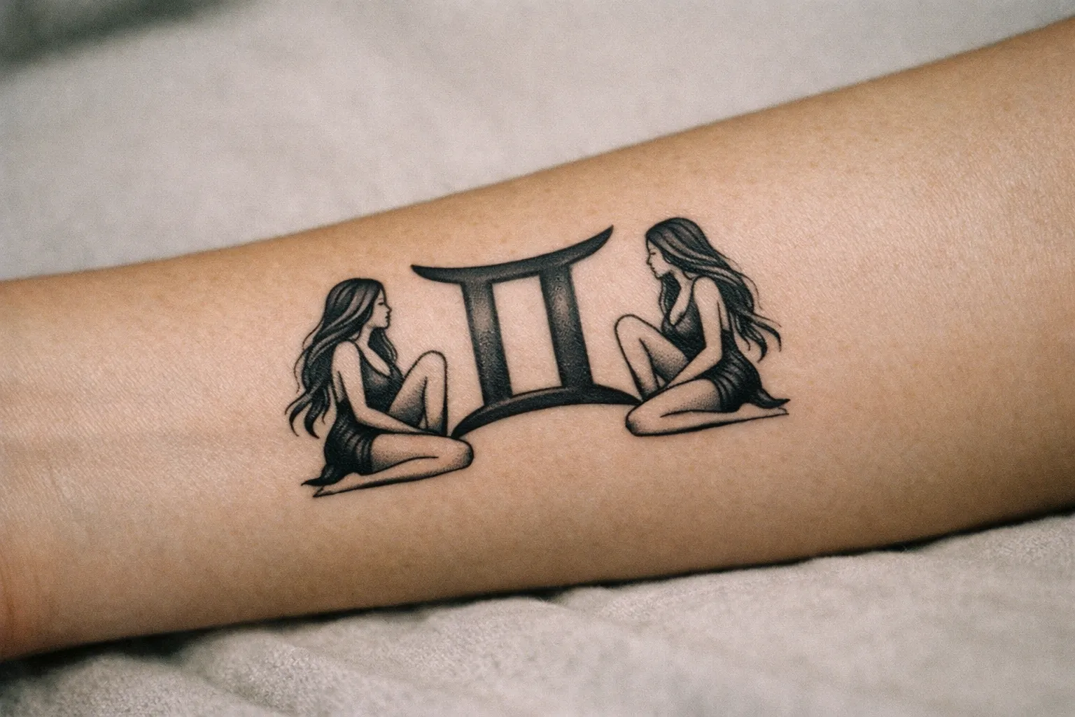 Gemini symbol tattoo on inner forearm with two mirrored twin silhouettes in black ink