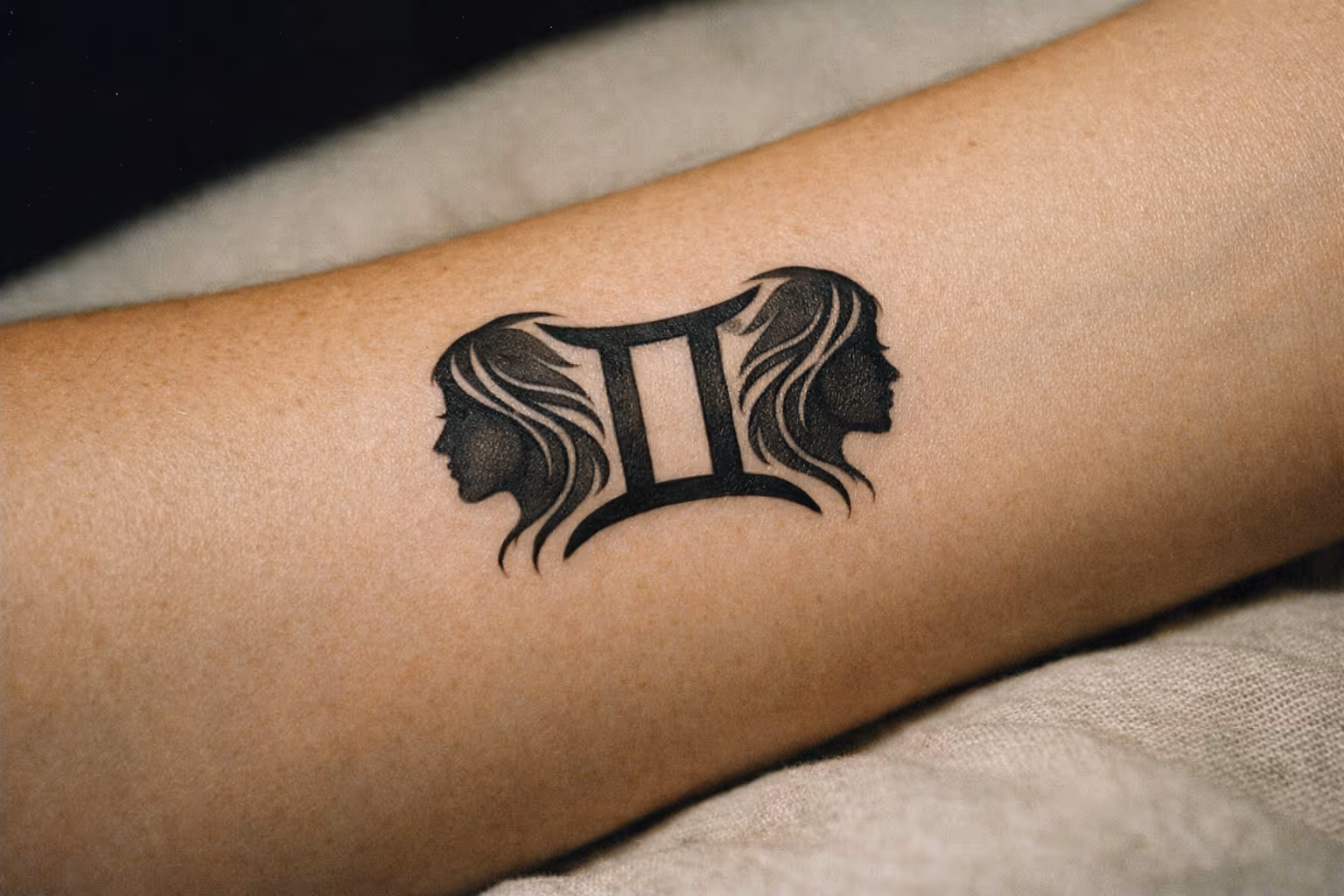 A healed Gemini tattoo on a single forearm, showing the Gemini symbol with mirrored twins in black ink.