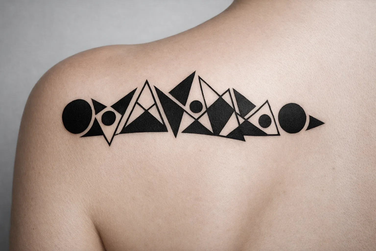 A geometric tattoo of black circles and triangles spans a person's upper back and shoulder.