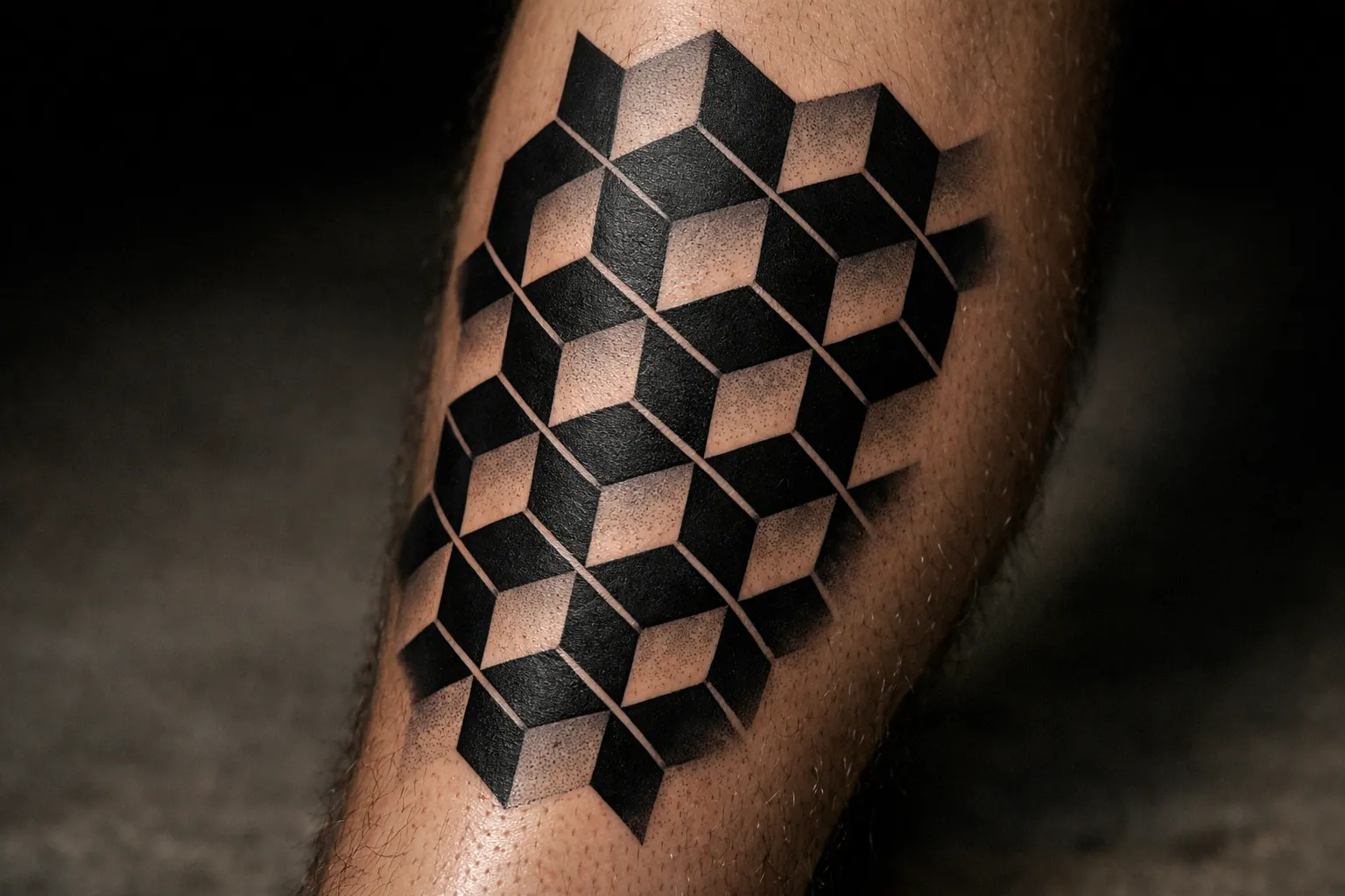 A geometric cube tattoo on a person's lower leg.