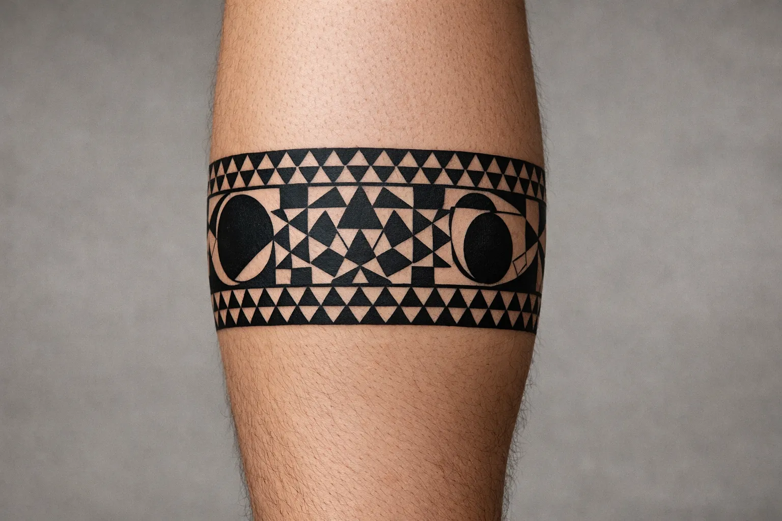 A geometric black tattoo band encircles a person's lower leg against a plain background.