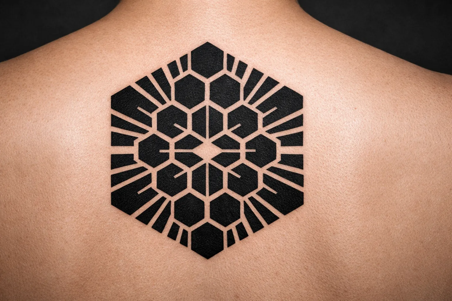A person with a large geometric blackwork tattoo on their upper back.