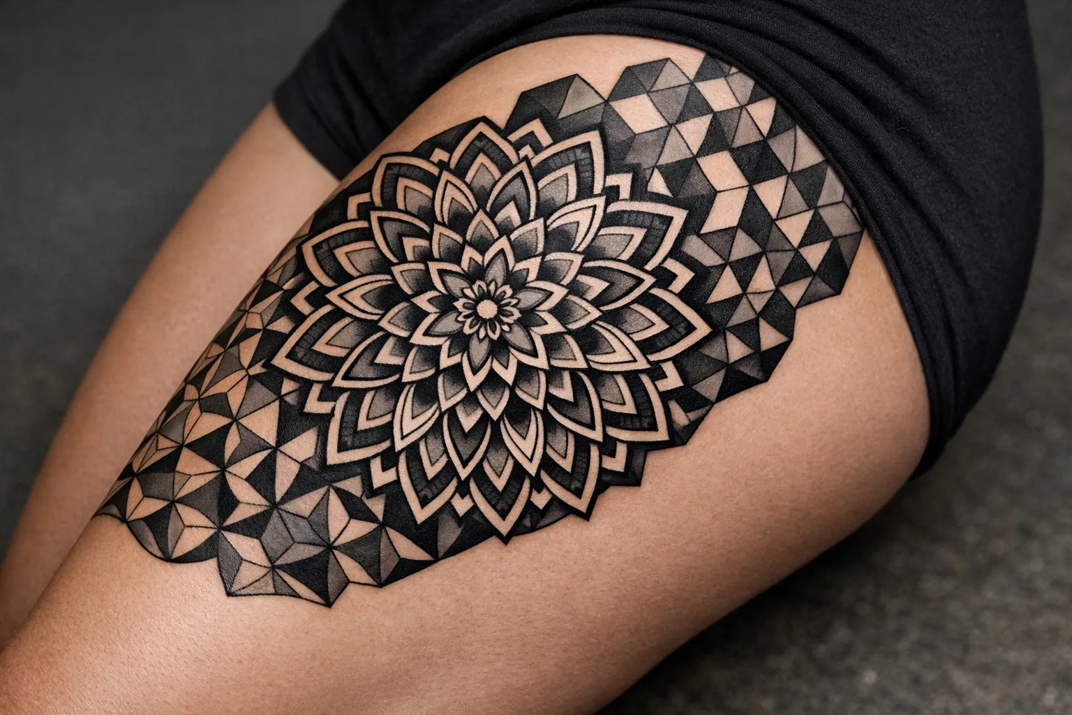A person displays a large geometric mandala tattoo on their upper thigh.