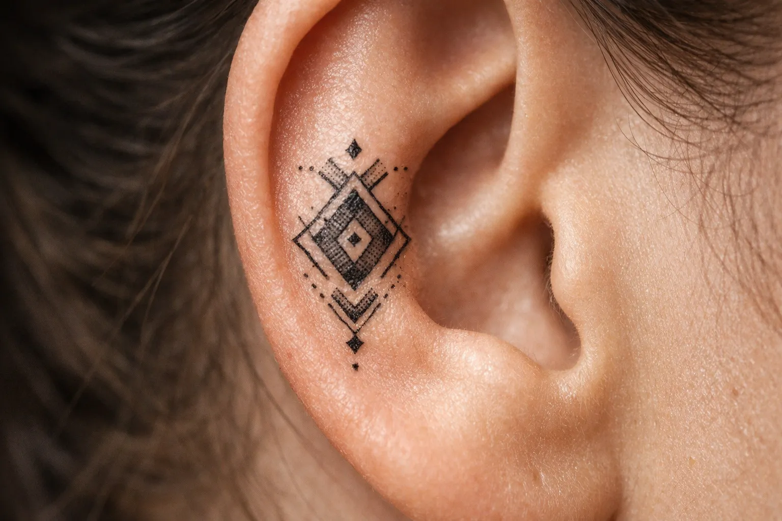 A geometric tattoo is inked on the outer ear of a person.
