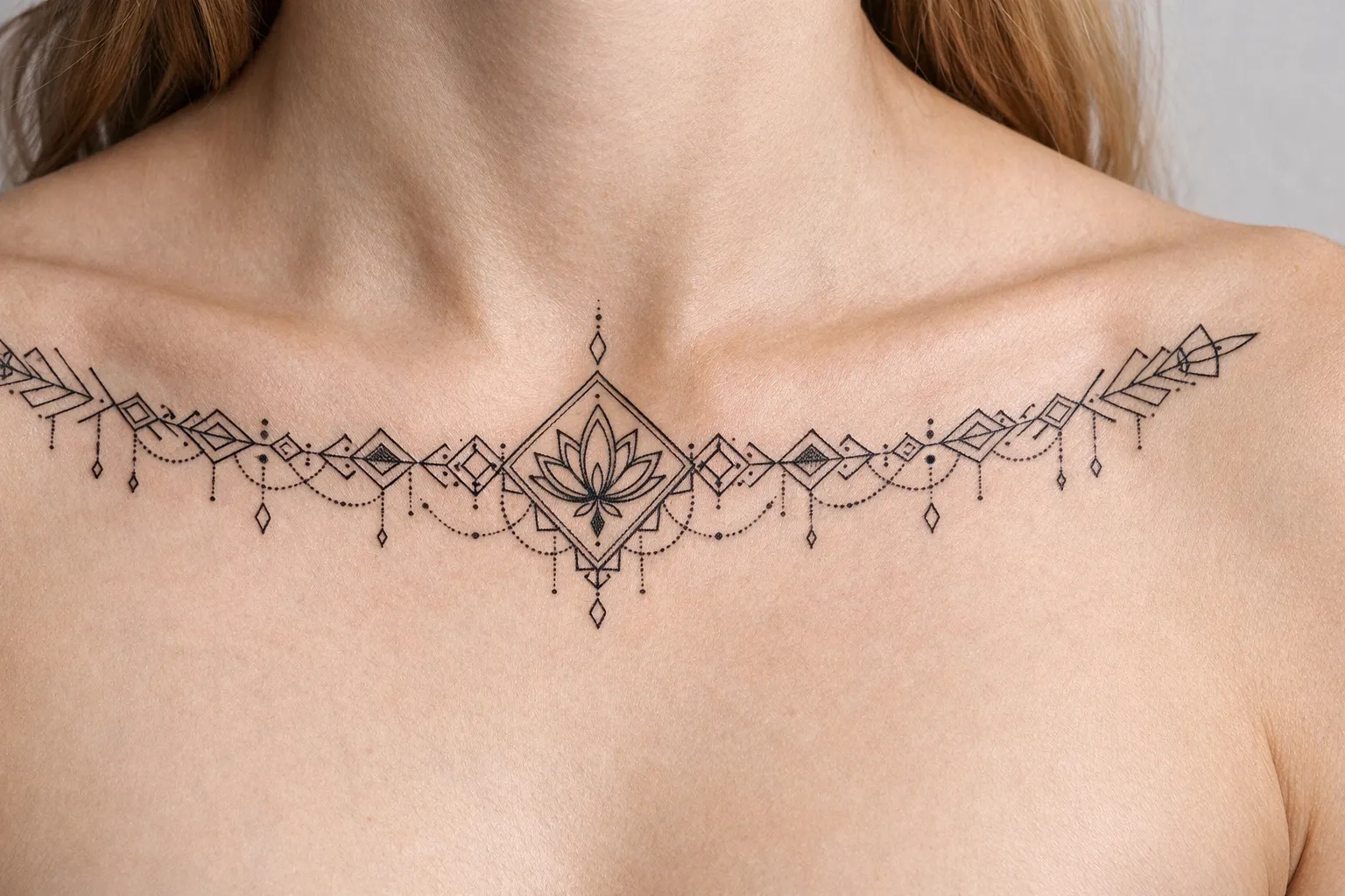 A person with a geometric lotus tattoo across the upper chest and collarbone area.