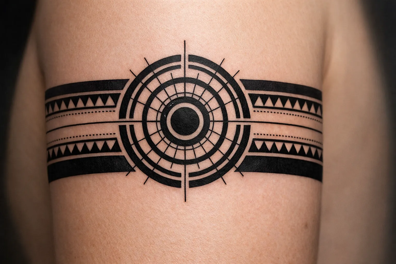 A circular geometric tattoo with bold lines and triangles wraps around a person's upper arm.