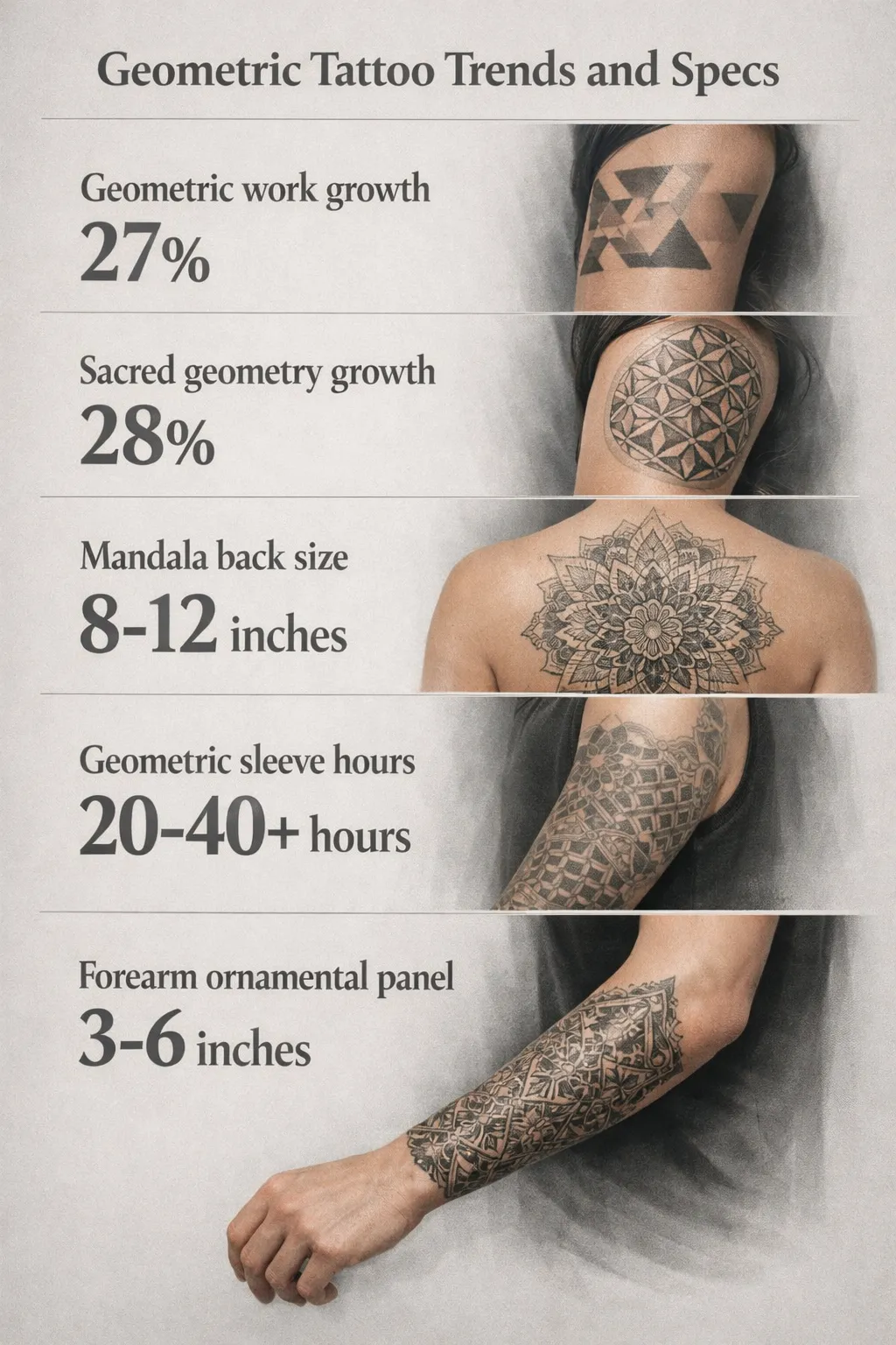 Infographic showing five data points about geometric tattoos: 27% geometric work growth, 28% sacred geometry growth, mandala