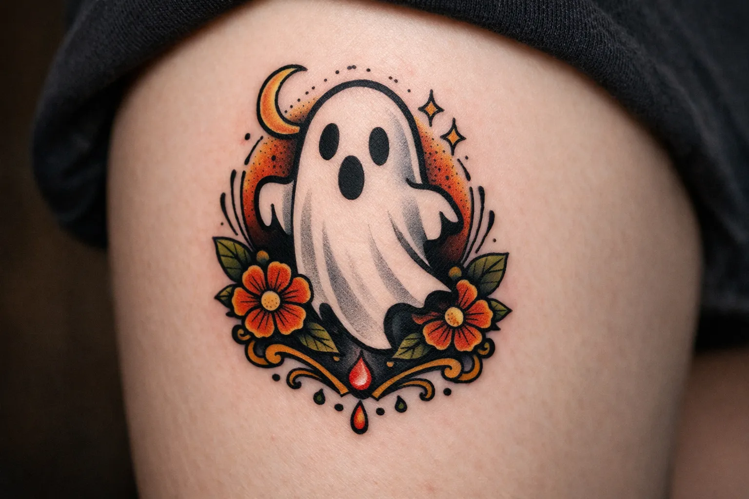 A colorful ghost tattoo with flowers and a crescent moon on a person's upper thigh.