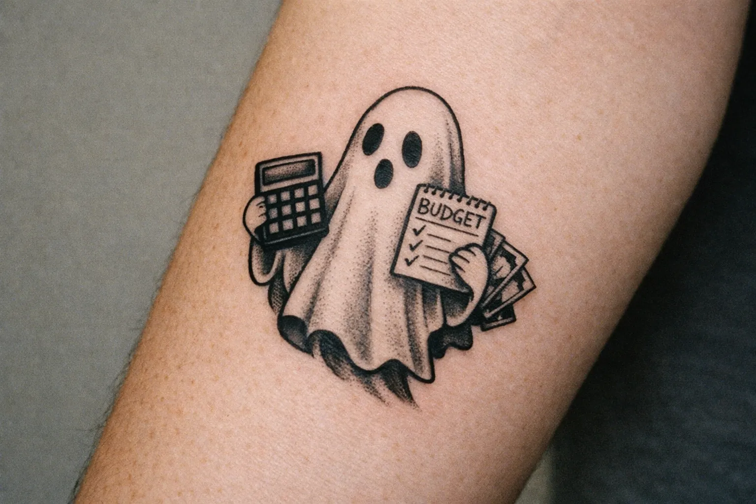 Medium-sized ghost tattoo on forearm with crisp linework and balanced shading