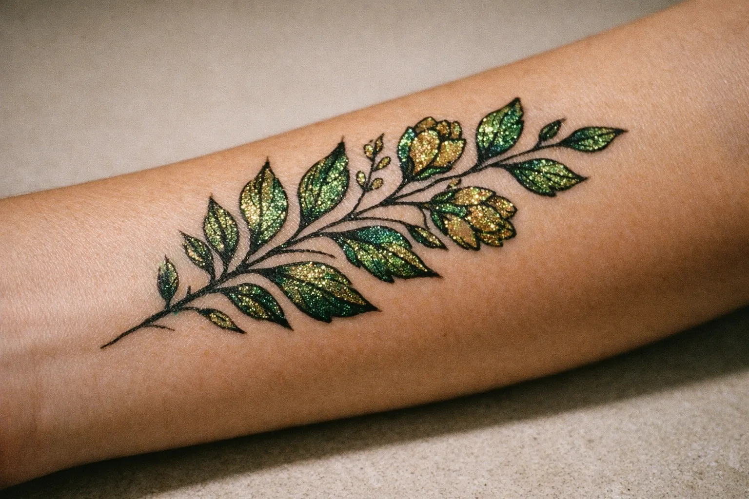 Close-up of a forearm with a botanical glitter tattoo, showing crisp linework and shimmering glitter on skin