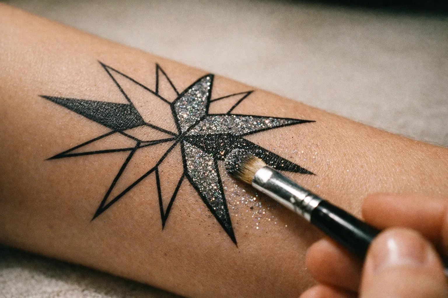 Forearm close-up showing stencil outline and beginning glitter application for a step-by-step glitter tattoo