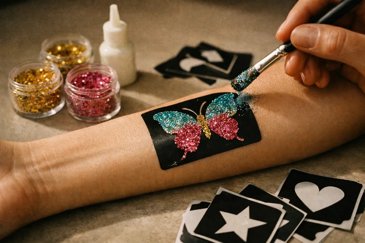Forearm with glitter tattoo in progress and assorted glitter jars and kit components on a clean desk