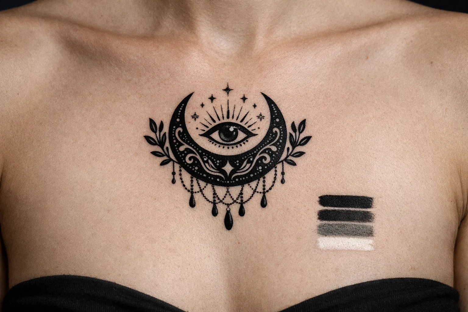 A person with a large ornamental eye and crescent moon tattoo on their upper chest.