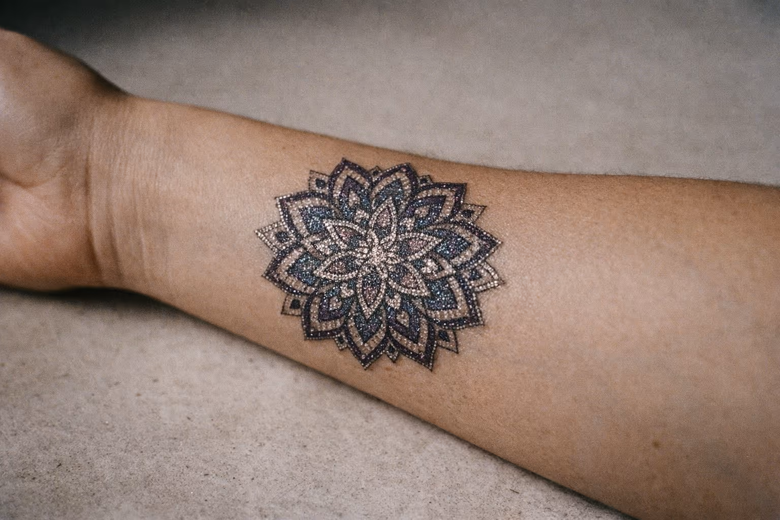 Editorial close-up of a forearm with a glitter tattoo, showing texture and sparkle