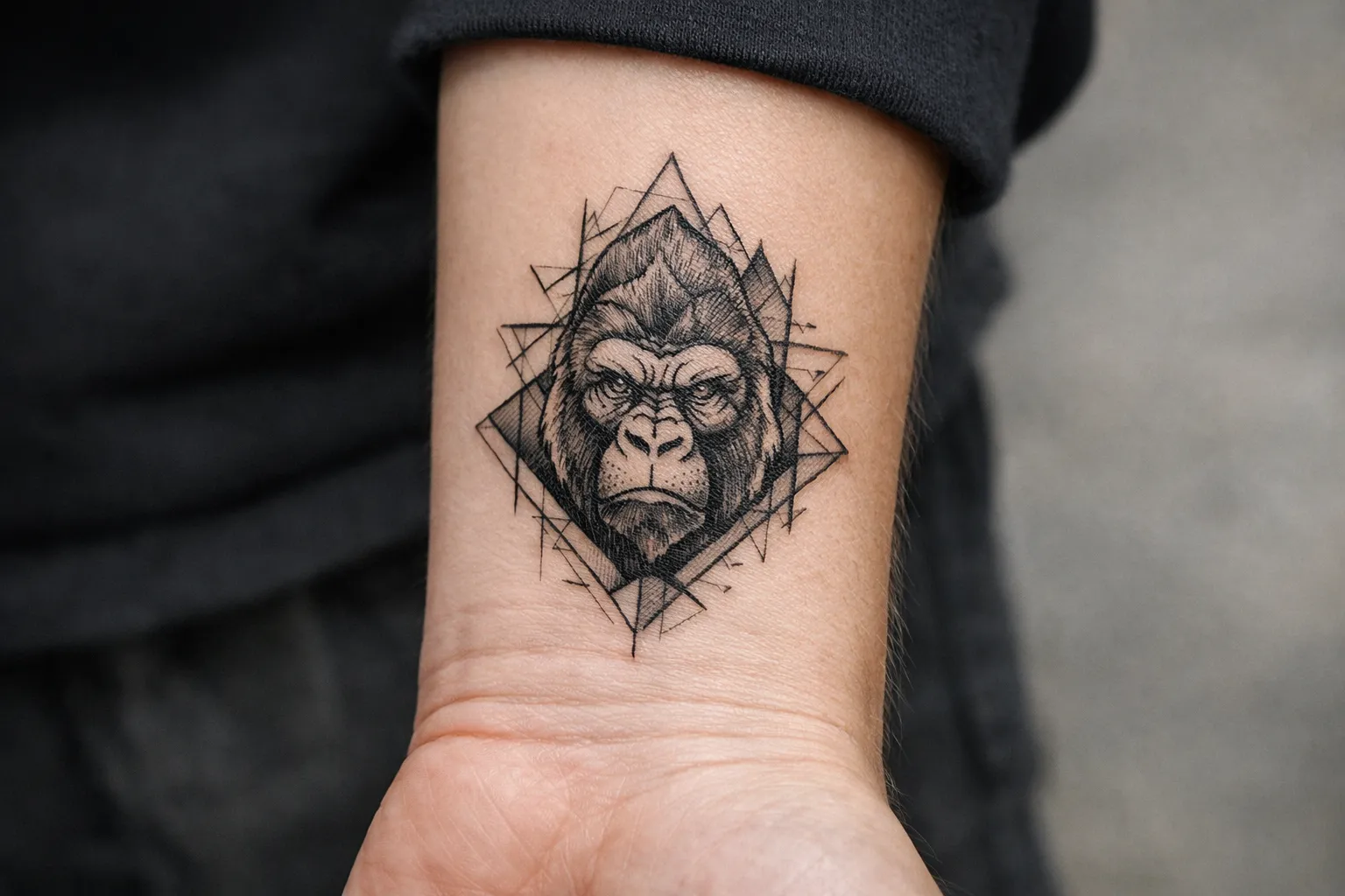 A geometric gorilla face tattoo is displayed on a person's inner wrist.