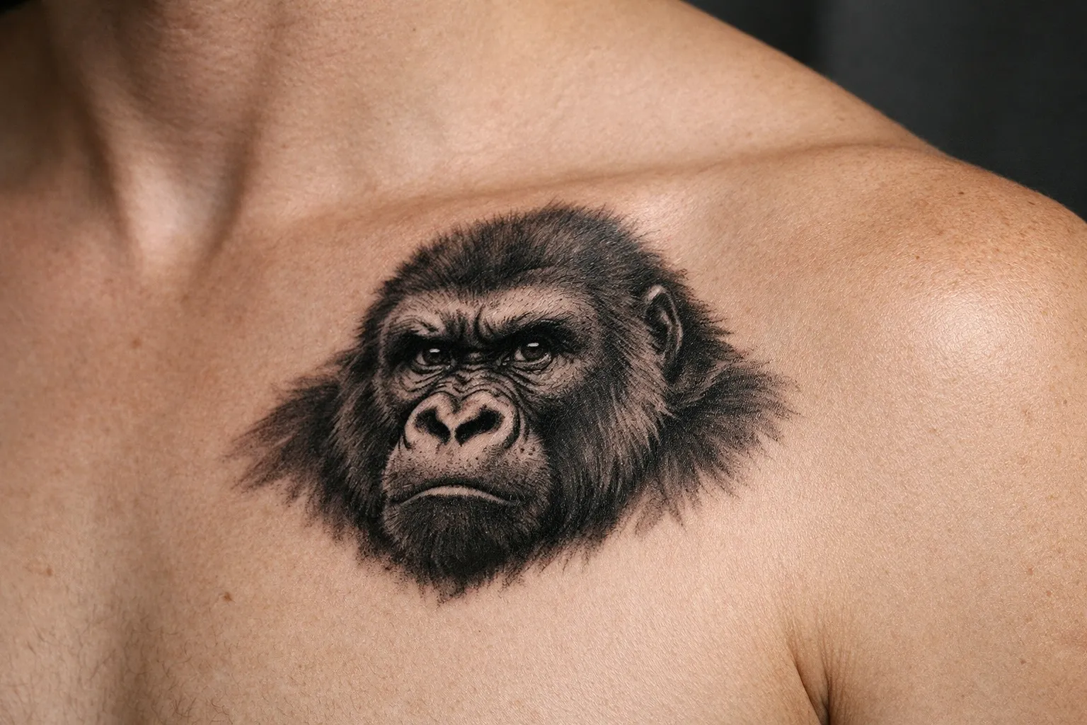 A realistic gorilla face tattoo on a person's upper chest near the collarbone.