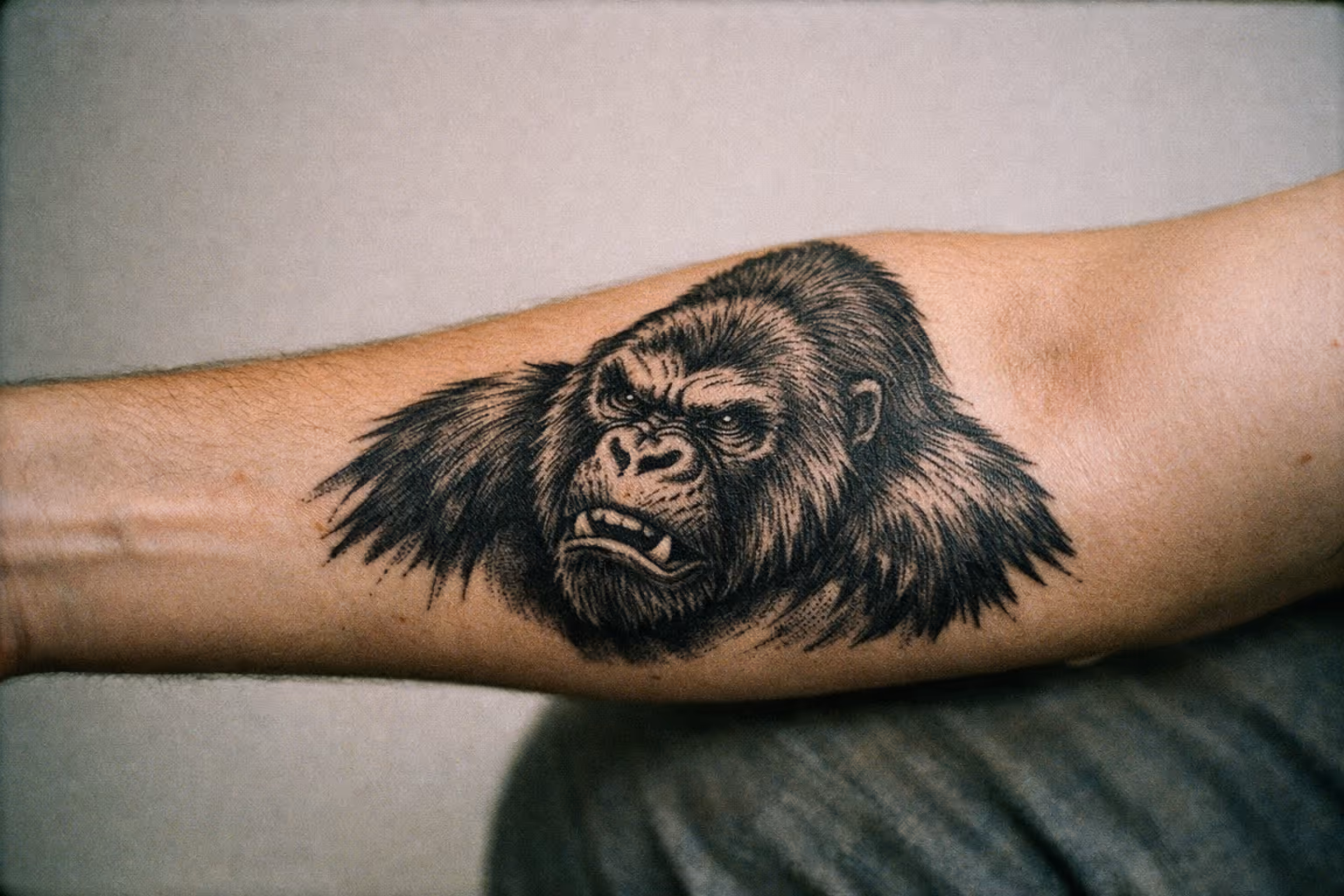 Editorial close-up of a forearm displaying a gorilla tattoo in blackwork, showing linework and shading with skin texture