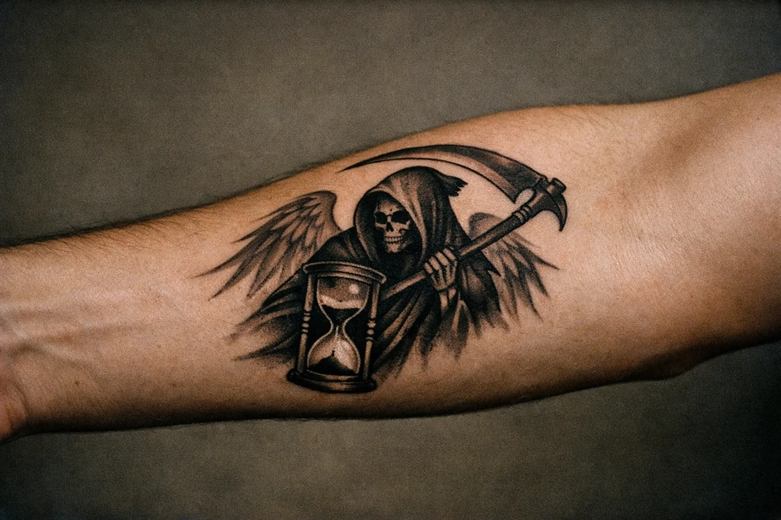 Close-up forearm tattoo highlighting symbolic elements like a scythe and hourglass integrated into the Grim Reaper design