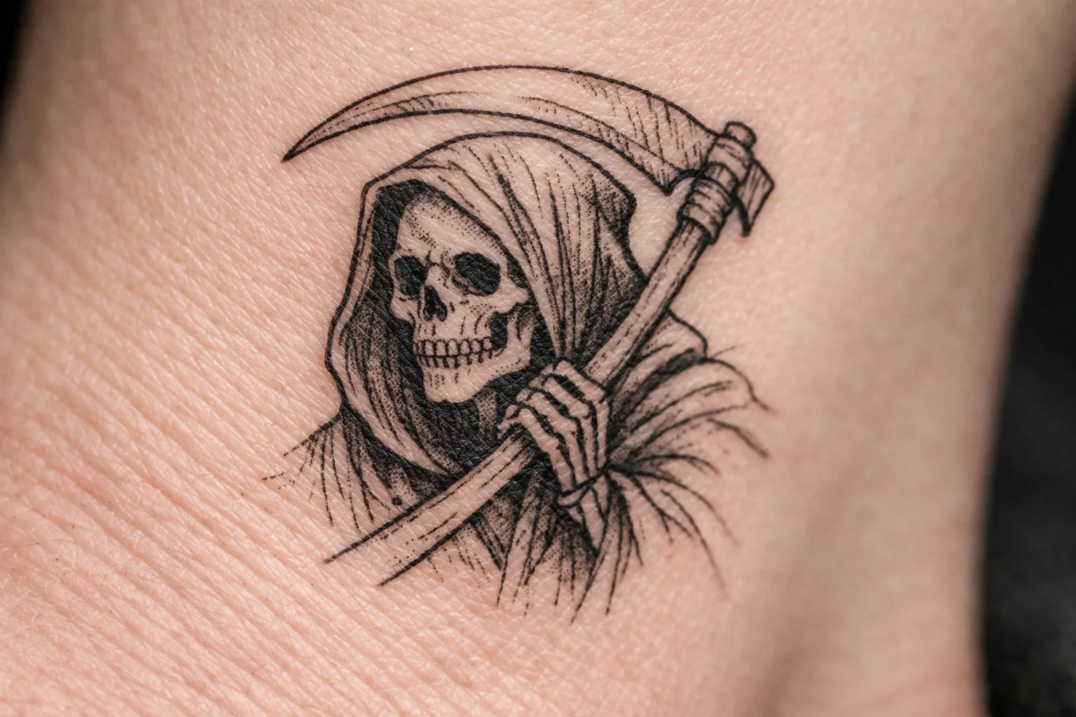 A grim reaper tattoo is inked on a person's skin, showing a hooded skeleton with a scythe.