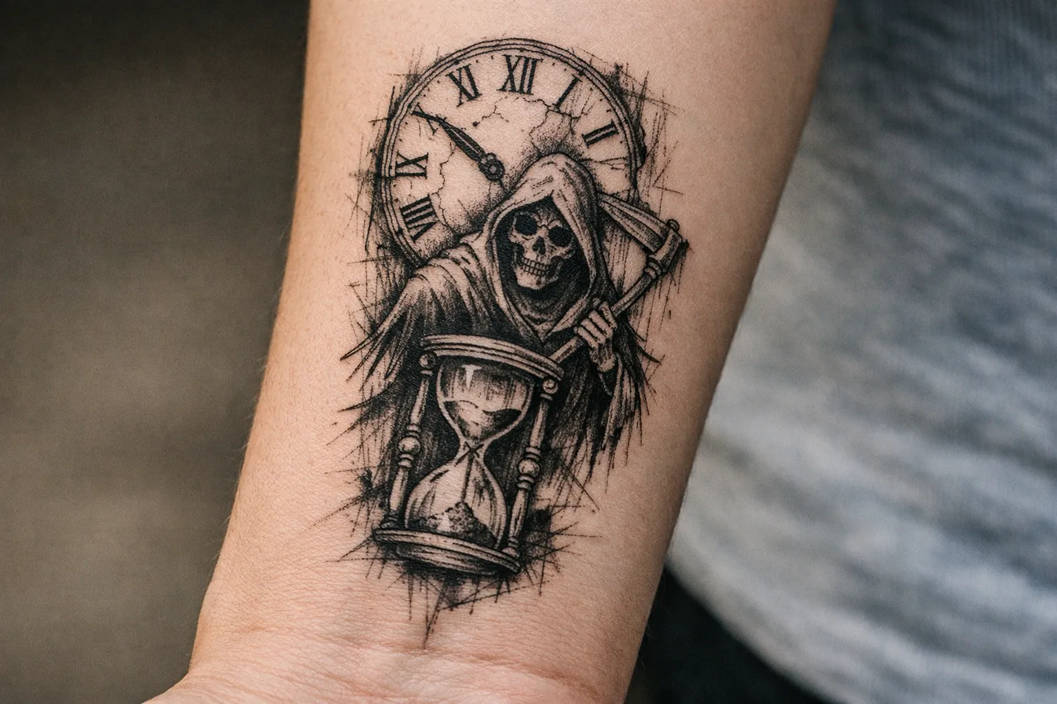 A grim reaper tattoo with a clock and hourglass is inked on a person's forearm.