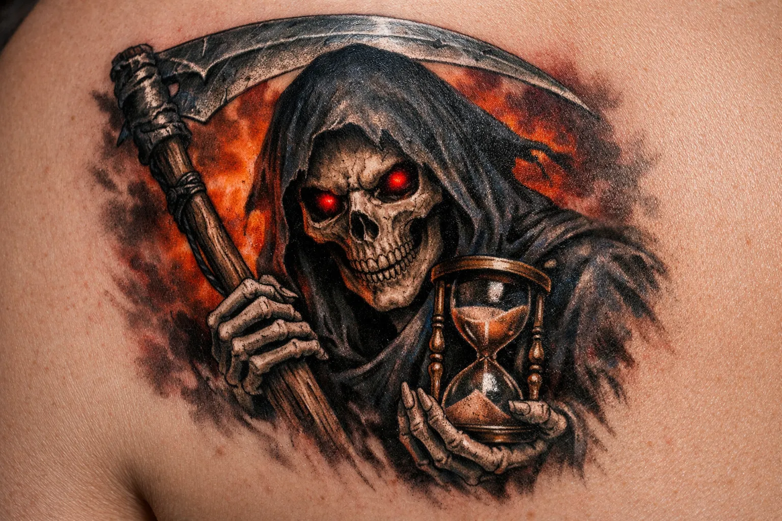 A grim reaper tattoo with a scythe and hourglass is inked on a person's shoulder.