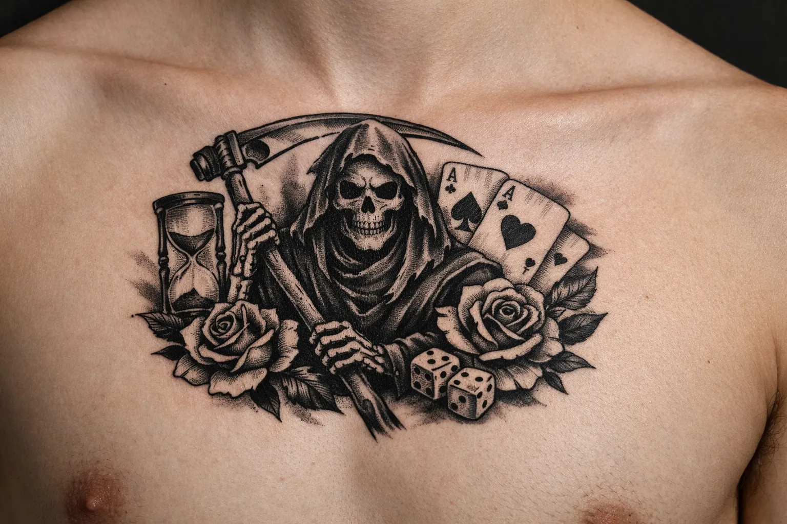 A grim reaper tattoo with cards, roses, dice, and an hourglass on a person's chest.