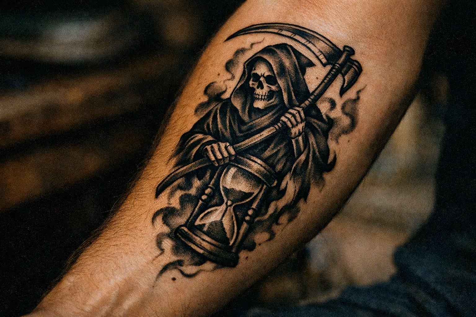 Editorial close-up of a Grim Reaper forearm tattoo, showcasing core symbolism and editorial aesthetic