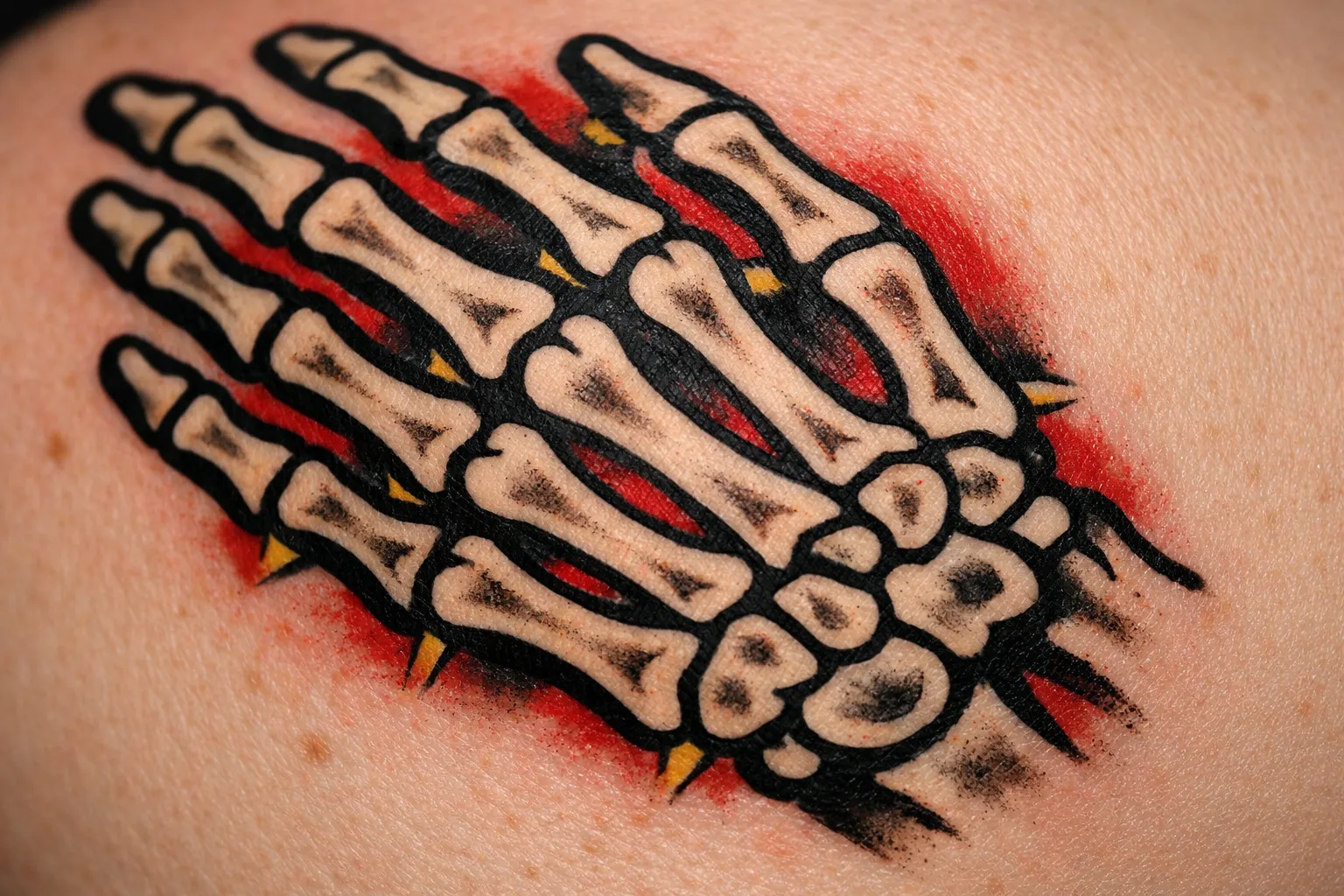 A tattoo of hand bones is inked on a person's skin.