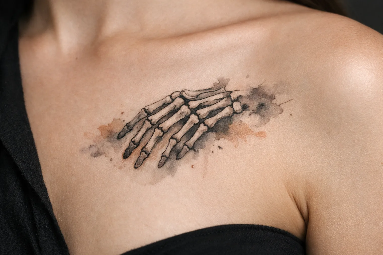 A person with a skeleton hand tattoo on their upper chest near the collarbone.