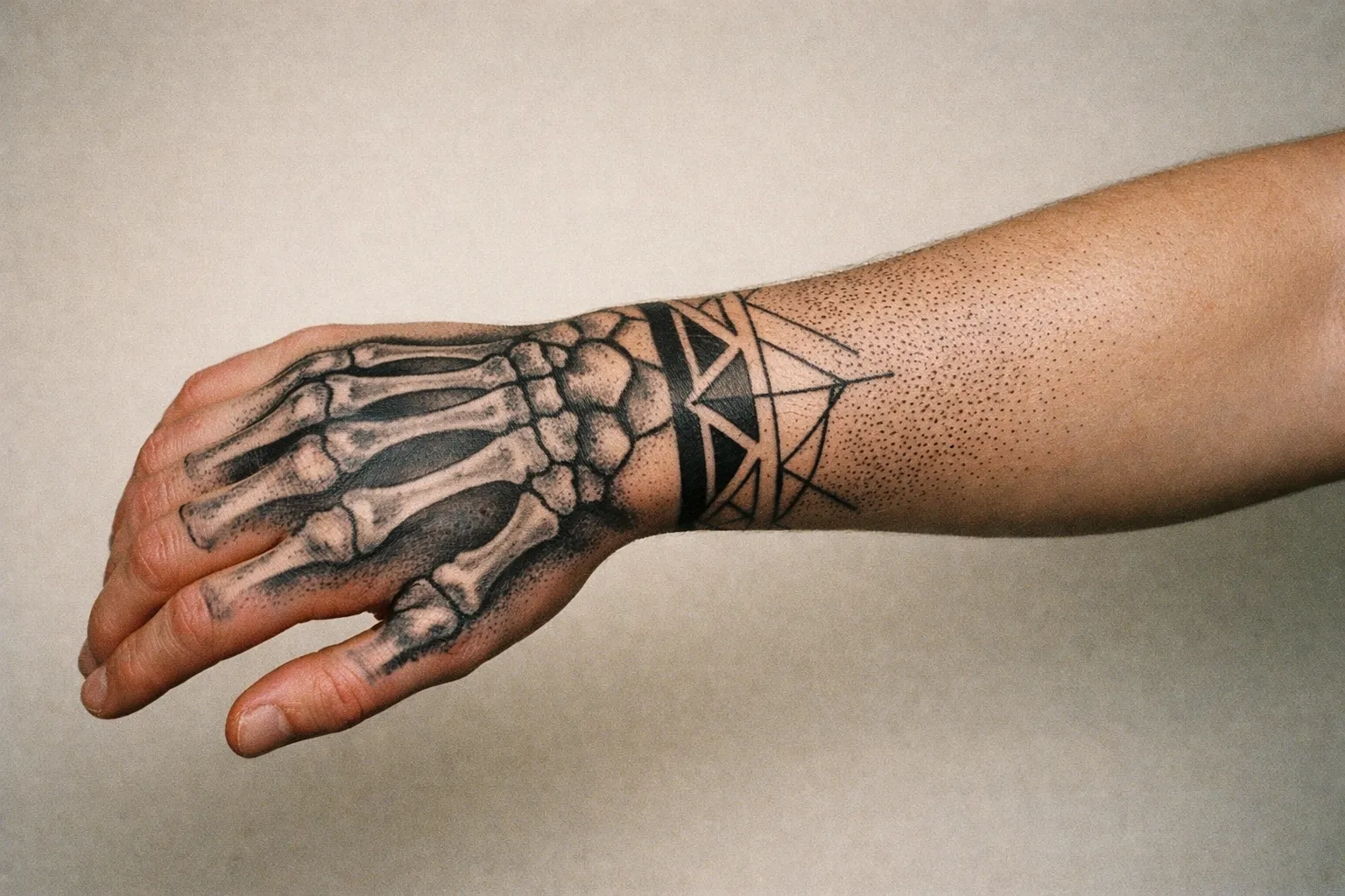 Forearm tattoo showing design variations: realistic bones plus geometric linework