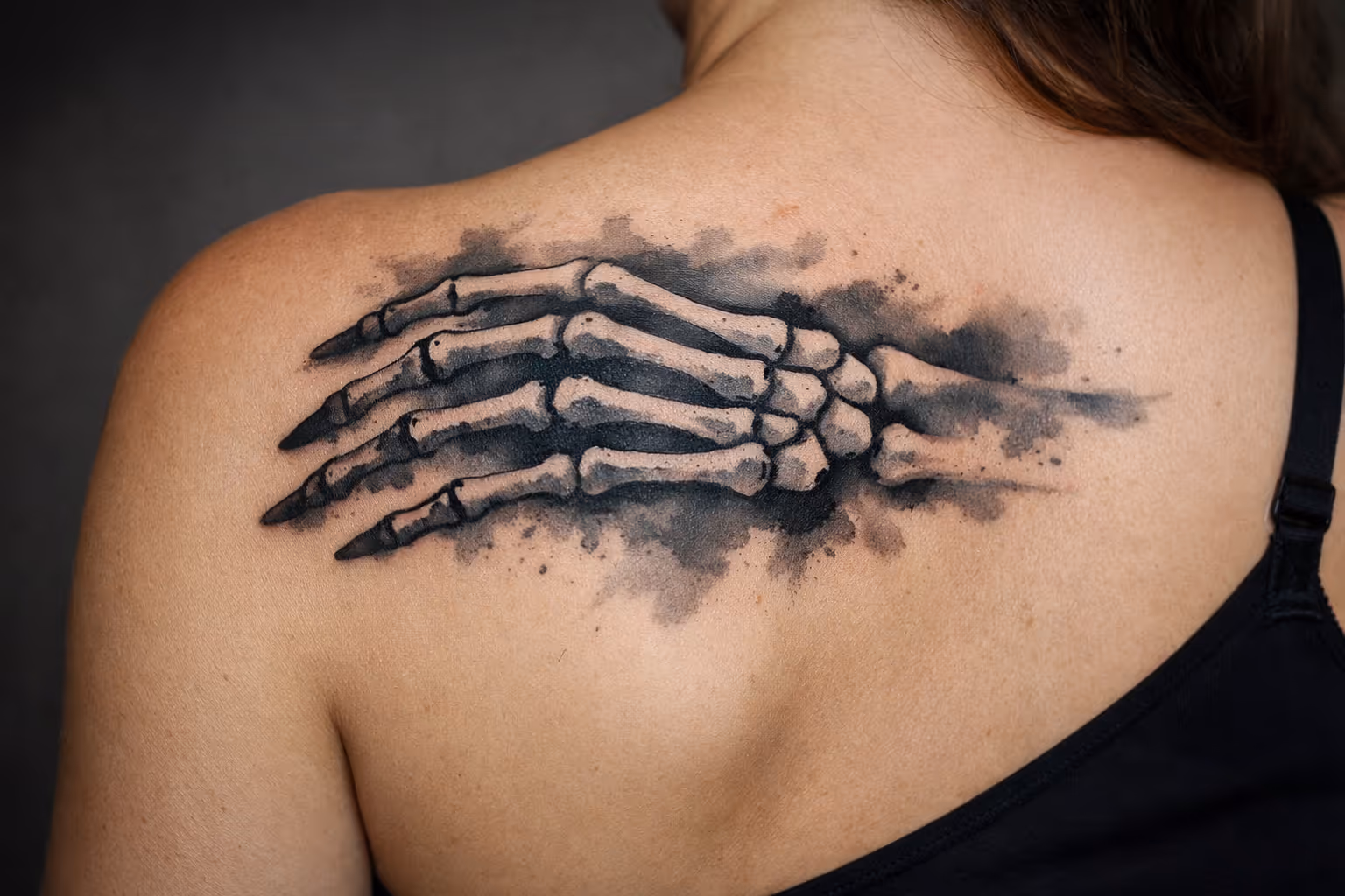 A person with a large skeleton hand tattoo across their upper back and shoulder.