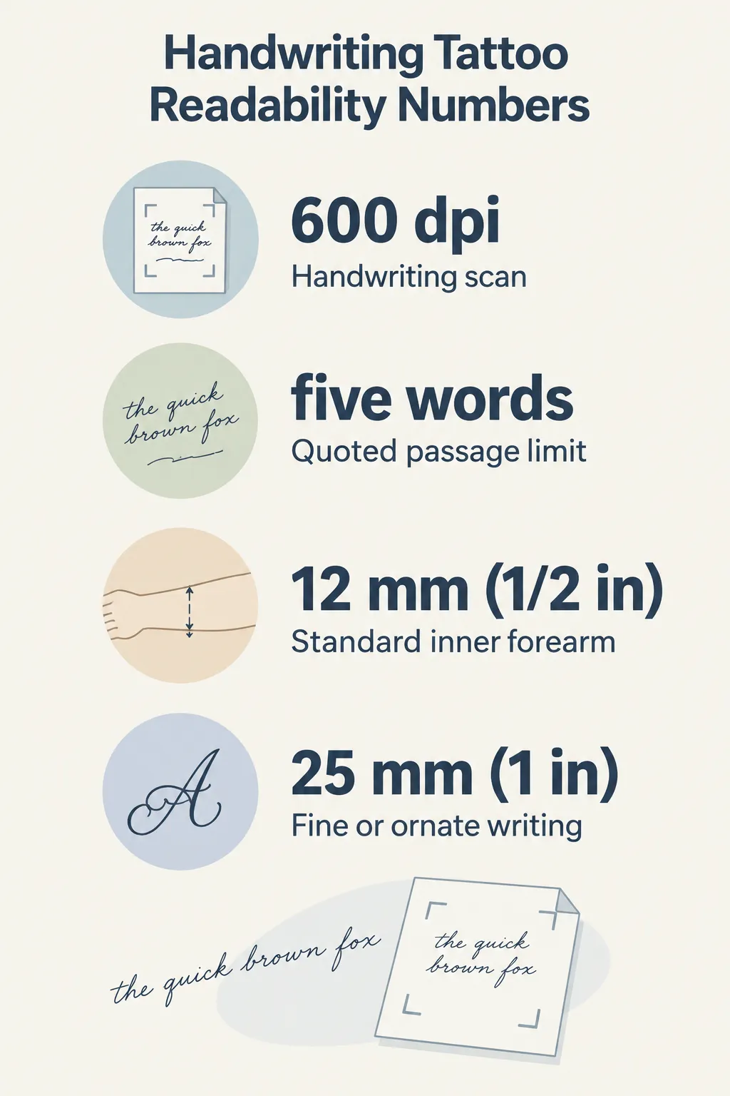 Infographic: a 600 dpi scan, five words or fewer, 12 mm letters for standard forearm script and 25 mm for ornate writing.